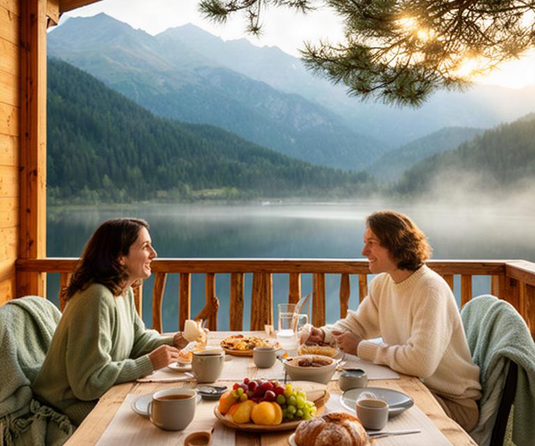 Pareja desayunando en la terraza de una cabaña de madera con vistas al lago